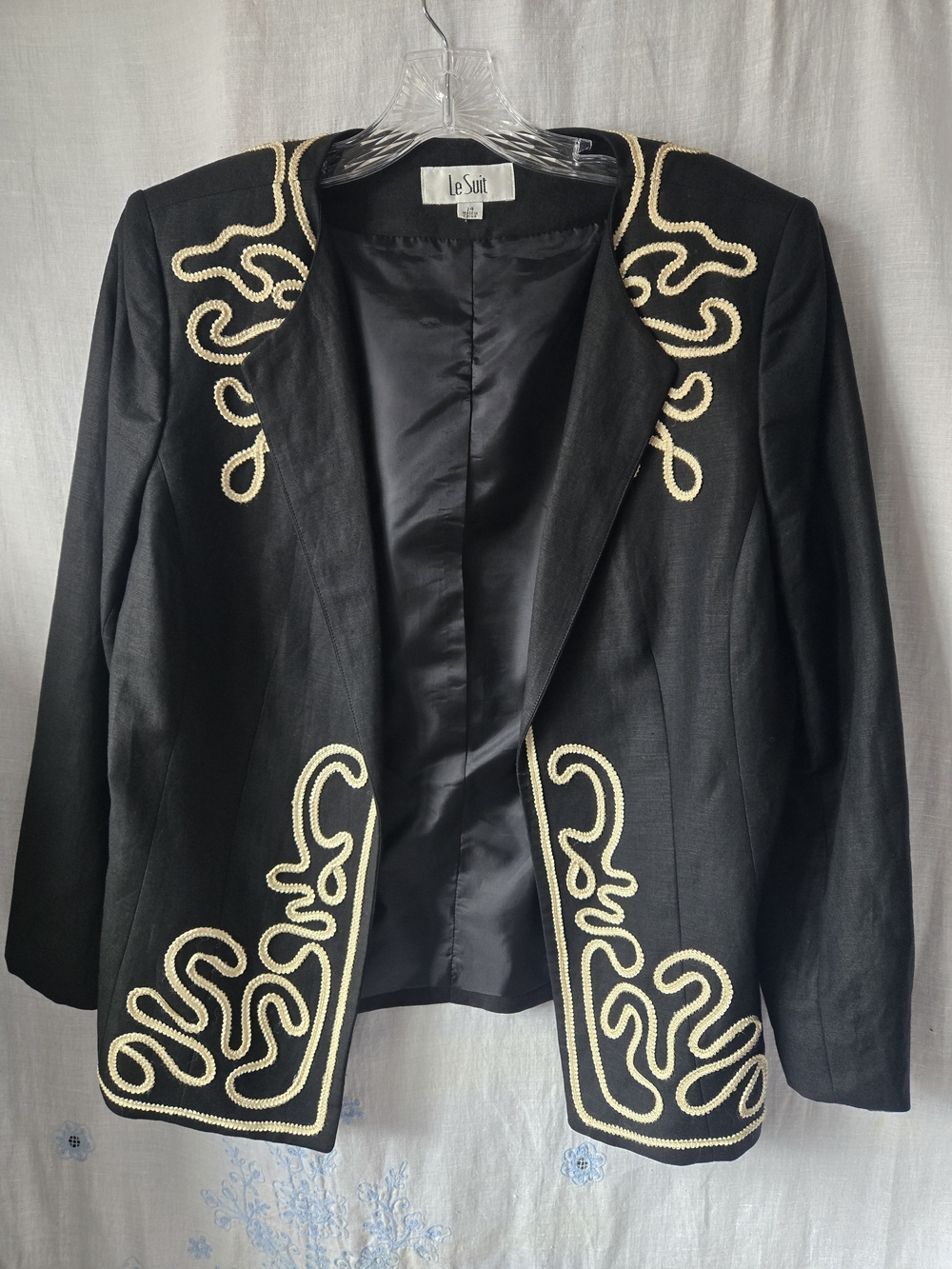 Vintage 90s Le Suit Black Open-Front Jacket with Cream Embroidered Trim